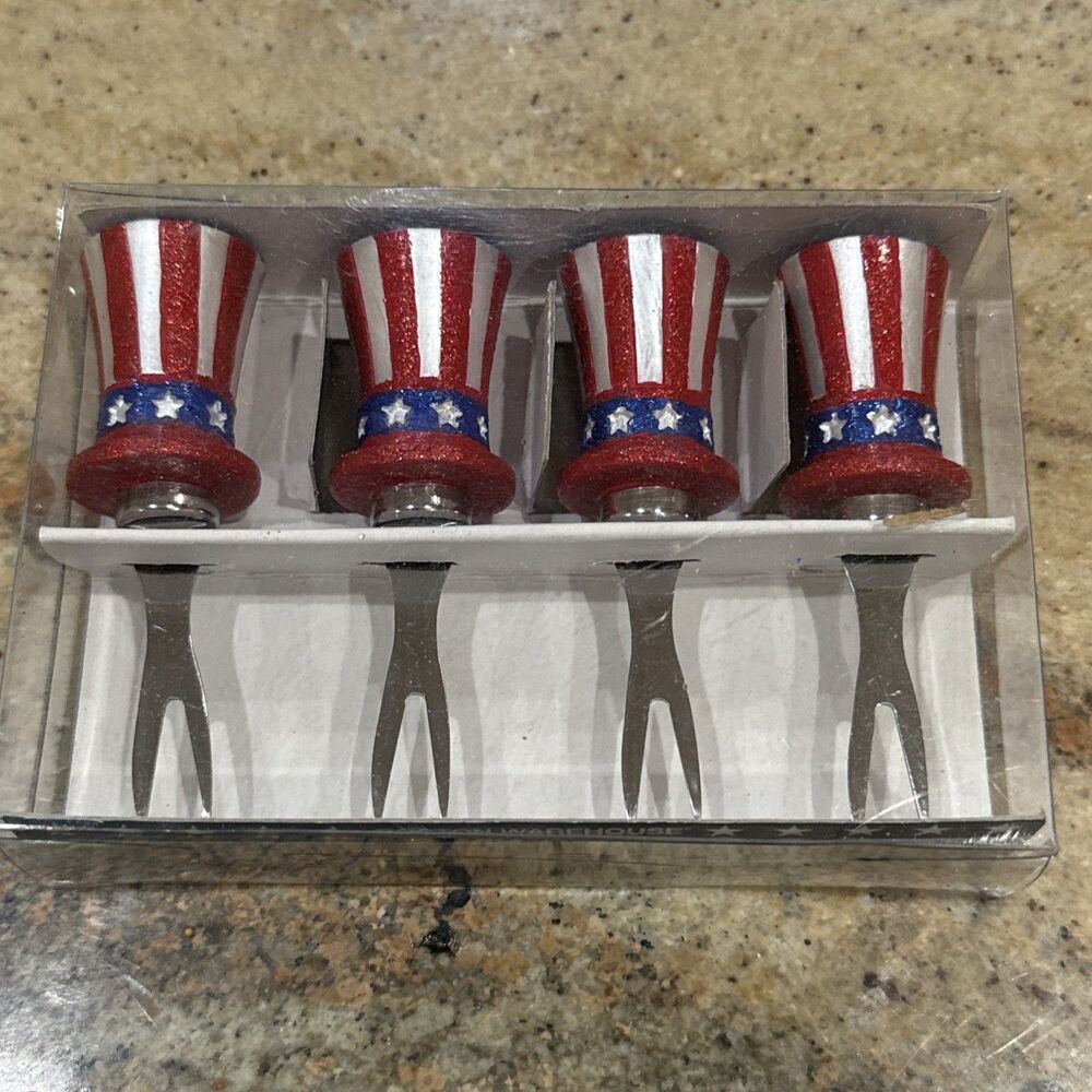 NEW Uncle Sam Hats Corn Picks Red White & Blue 4th Of July Patriotic (set of 4)